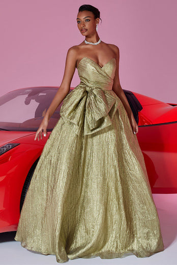 Gold Metallic Herz-Ausschnitt A Linie Lange Ballkleid mit Bogen
