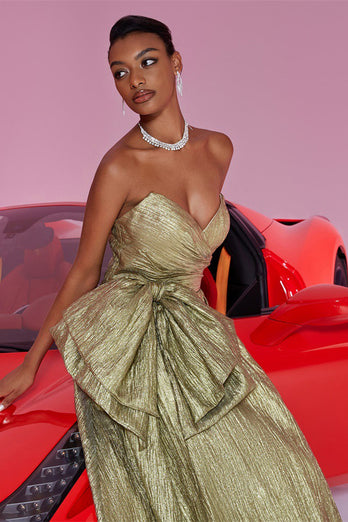 Gold Metallic Herz-Ausschnitt A Linie Lange Ballkleid mit Bogen