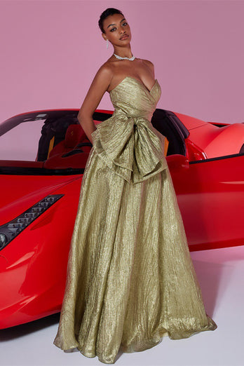 Gold Metallic Herz-Ausschnitt A Linie Lange Ballkleid mit Bogen