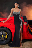 Laden Sie das Bild in den Galerie-Viewer, Schwarz Meerjungfrau Fringed Trägerlos Lange Ballkleid mit Schlitz