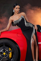 Laden Sie das Bild in den Galerie-Viewer, Schwarz Meerjungfrau Fringed Trägerlos Lange Ballkleid mit Schlitz