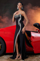 Laden Sie das Bild in den Galerie-Viewer, Schwarz Meerjungfrau Fringed Trägerlos Lange Ballkleid mit Schlitz