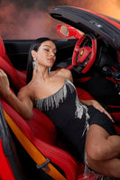 Laden Sie das Bild in den Galerie-Viewer, Schwarz Meerjungfrau Fringed Trägerlos Lange Ballkleid mit Schlitz