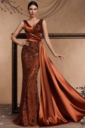 Glitzer Blumen Braun Meerjungfrau V-Ausschnitt Lange Mutter der Braut Kleid mit Seitlichem Cape