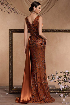 Glitzer Blumen Braun Meerjungfrau V-Ausschnitt Lange Mutter der Braut Kleid mit Seitlichem Cape