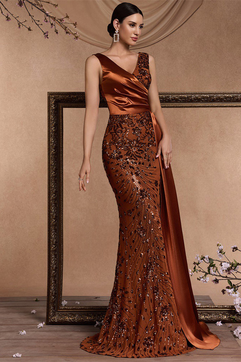 Laden Sie das Bild in den Galerie-Viewer, Glitzer Blumen Braun Meerjungfrau V-Ausschnitt Lange Mutter der Braut Kleid mit Seitlichem Cape