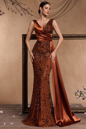 Glitzer Blumen Braun Meerjungfrau V-Ausschnitt Lange Mutter der Braut Kleid mit Seitlichem Cape