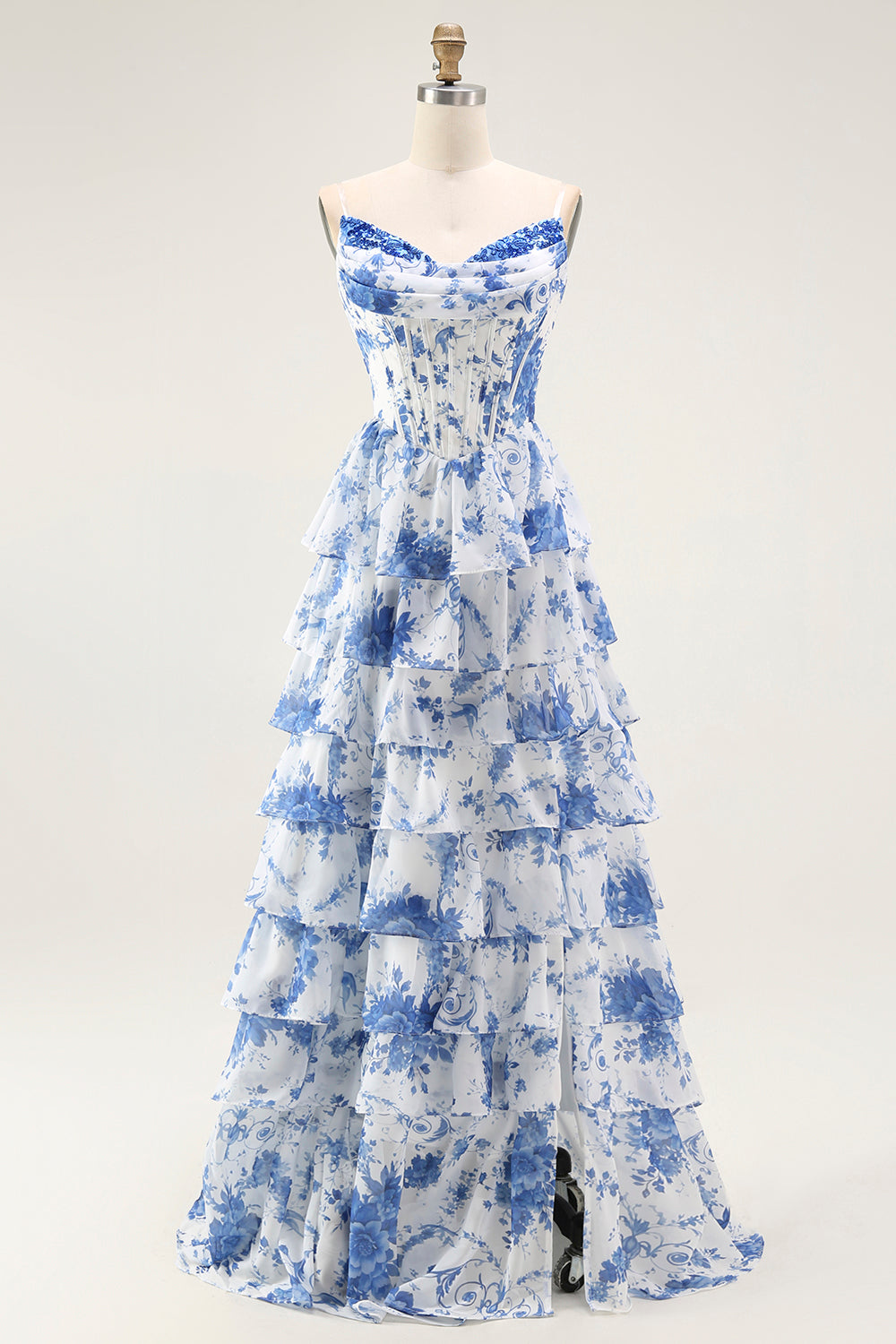 Weiß Blaues Blumenstufen-Korsett A-Linie Langes Abschlussballkleid mit Rüschen