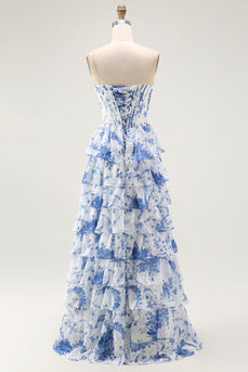 Weiß Blaues Blumenstufen-Korsett A-Linie Langes Abschlussballkleid mit Rüschen