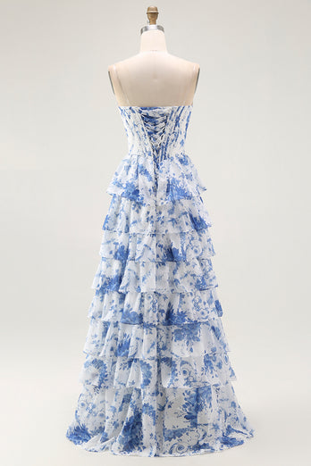 Weiß Blaues Blumenstufen-Korsett A-Linie Langes Abschlussballkleid mit Rüschen