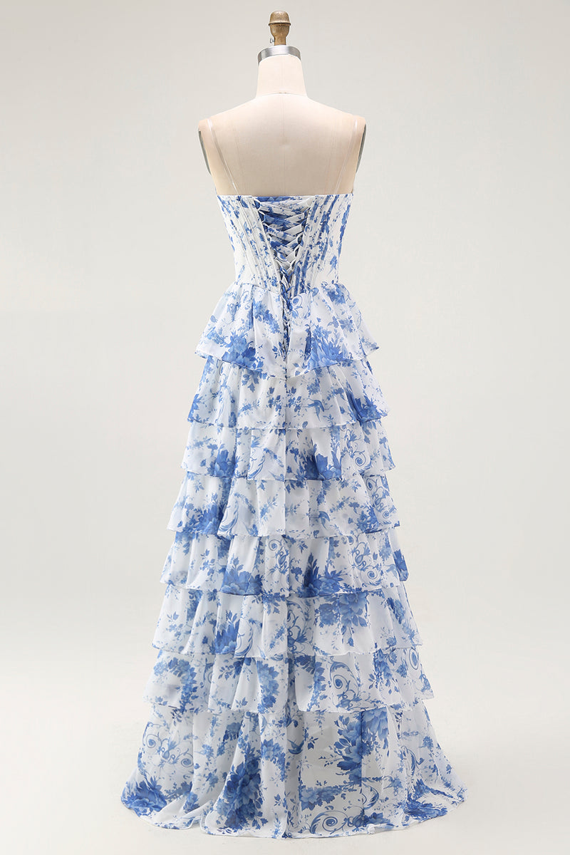 Laden Sie das Bild in den Galerie-Viewer, Weiß Blaues Blumenstufen-Korsett A-Linie Langes Abschlussballkleid mit Rüschen