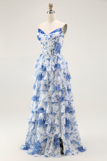 Weiß Blaues Blumenstufen-Korsett A-Linie Langes Abschlussballkleid mit Rüschen