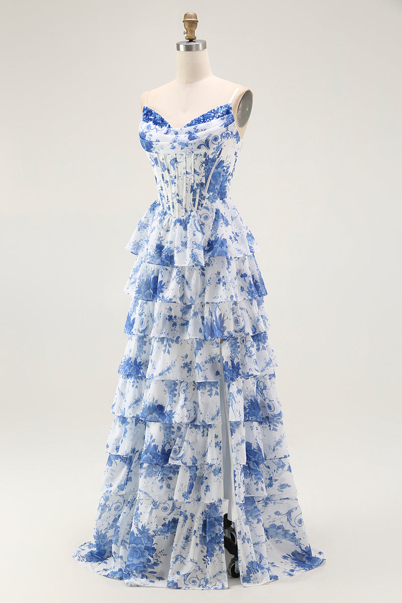 Laden Sie das Bild in den Galerie-Viewer, Weiß Blaues Blumenstufen-Korsett A-Linie Langes Abschlussballkleid mit Rüschen