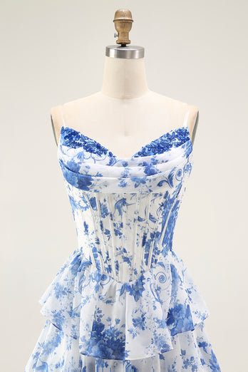 Weiß Blaues Blumenstufen-Korsett A-Linie Langes Abschlussballkleid mit Rüschen