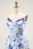Laden Sie das Bild in den Galerie-Viewer, Weiß Blaues Blumenstufen-Korsett A-Linie Langes Abschlussballkleid mit Rüschen