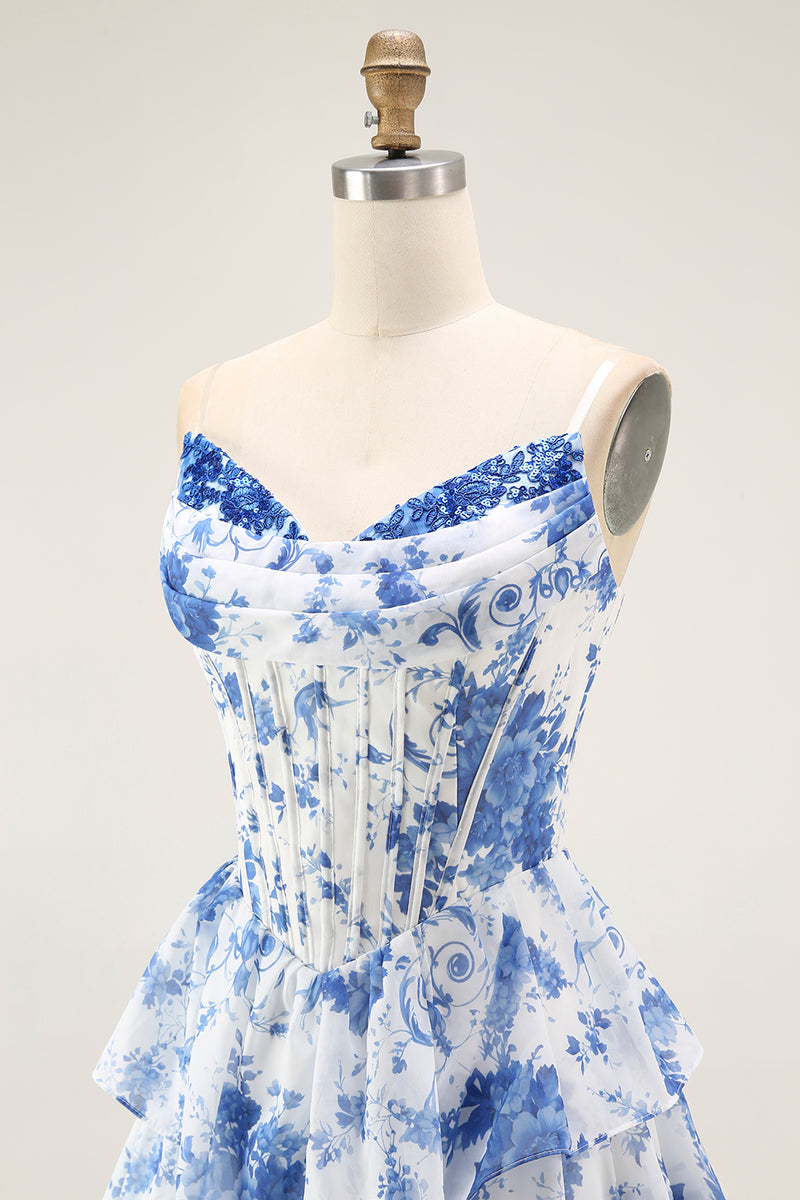 Laden Sie das Bild in den Galerie-Viewer, Weiß Blaues Blumenstufen-Korsett A-Linie Langes Abschlussballkleid mit Rüschen