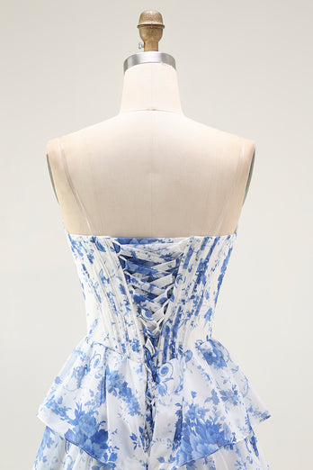Weiß Blaues Blumenstufen-Korsett A-Linie Langes Abschlussballkleid mit Rüschen