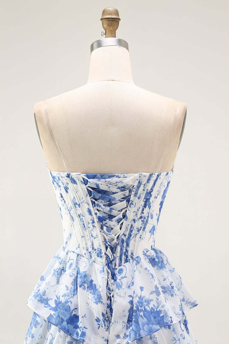 Laden Sie das Bild in den Galerie-Viewer, Weiß Blaues Blumenstufen-Korsett A-Linie Langes Abschlussballkleid mit Rüschen