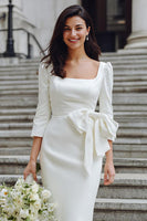 Laden Sie das Bild in den Galerie-Viewer, Bodycon Elfenbein Midi Standesamtkleid mit quadratischem Ausschnitt und Ärmeln