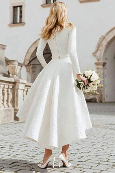 Jacquard U-Boot-Ausschnitt Elfenbein A Linie Standesamtkleid