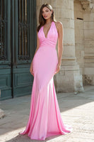 Laden Sie das Bild in den Galerie-Viewer, Dunkelgrün Satin Neckholder Meerjungfrau Lange Ballkleid