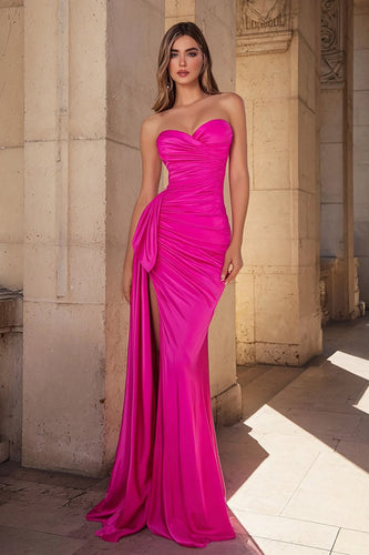 Fuchsia Herz-Ausschnitt Satin Meerjungfrau Lange Ballkleid mit Schlitz