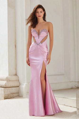 Glitzer Pink Satin Meerjungfrau Trägerlos Cut Out Lange Ballkleid mit Schlitz