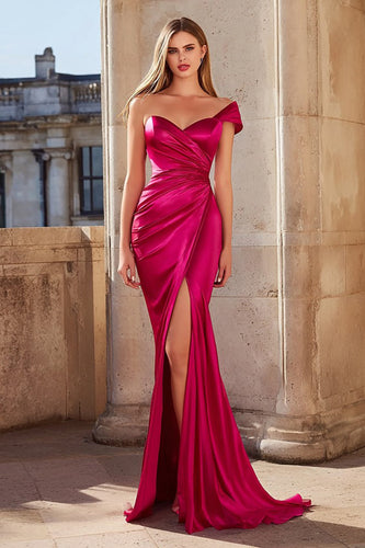 Fuchsia Satin Meerjungfrau Eine Schulter Lange Ballkleid mit Schlitz