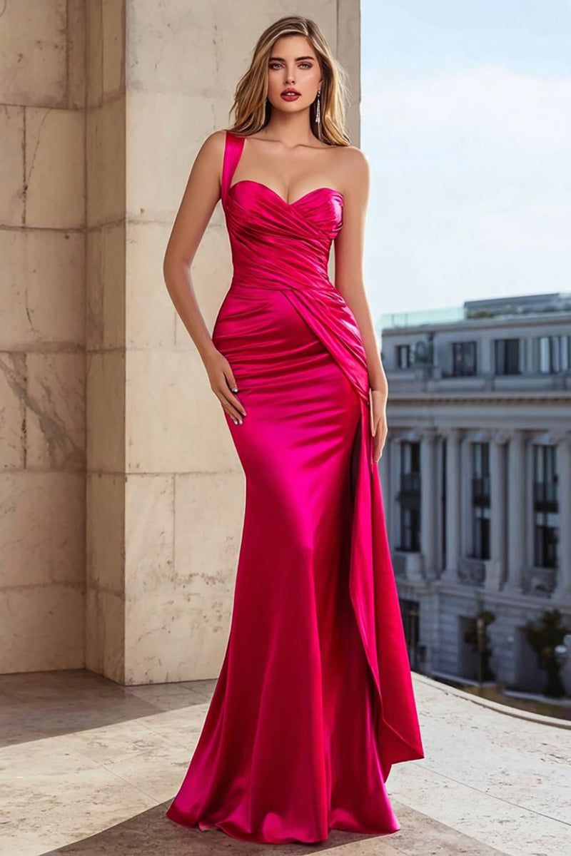 Laden Sie das Bild in den Galerie-Viewer, Fuchsia Satin Eine Schulter Meerjungfrau Lange Ballkleid mit Side Cape