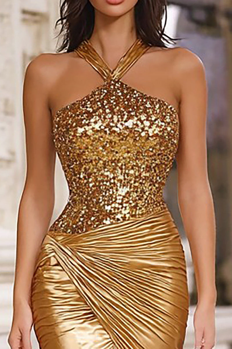 Laden Sie das Bild in den Galerie-Viewer, Glitzer Gold Neckholder Meerjungfrau Lange Ballkleid mit Paillettens