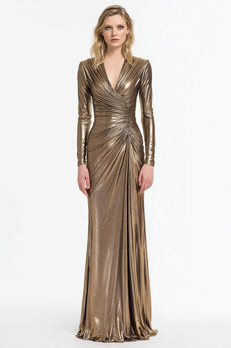 Glitzer Grau und Gold V-Ausschnitt Sheath Lange Formelle Kleid mit Ärmel
