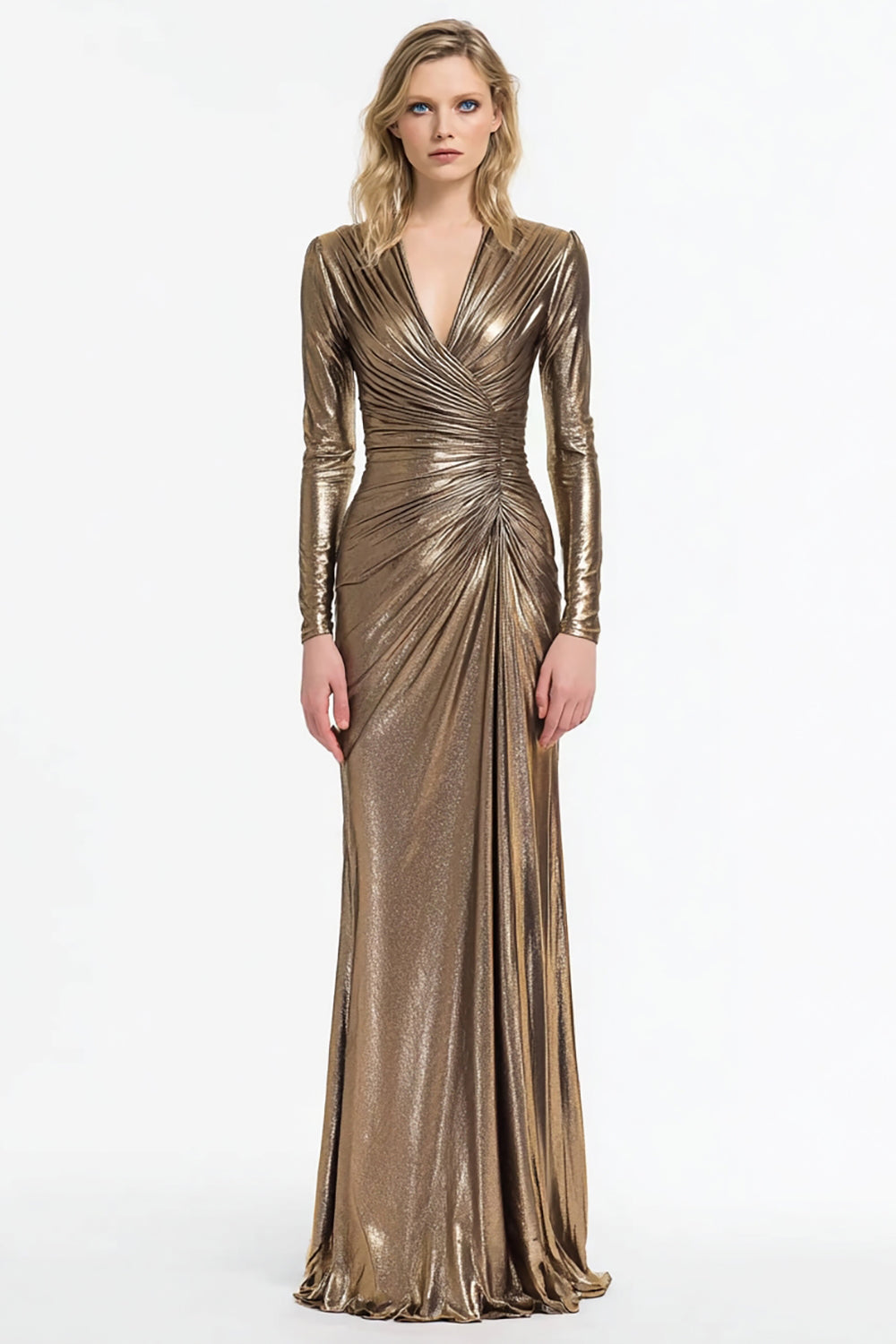 Glitzer Grau und Gold V-Ausschnitt Sheath Lange Formelle Kleid mit Ärmel
