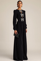 Laden Sie das Bild in den Galerie-Viewer, Leely Women Black Sheath Velvet Long Formal Dress with Bows Round Neck Keyhole Holiday Party Dress with Beading