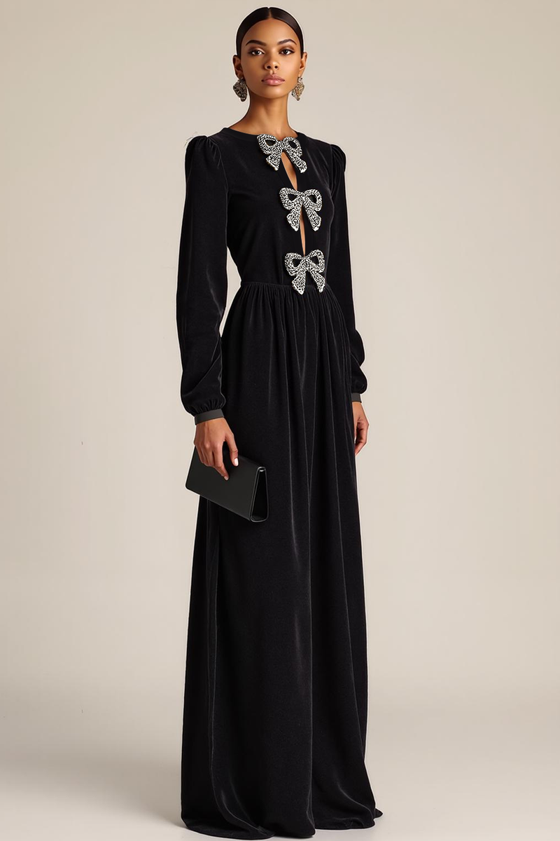 Laden Sie das Bild in den Galerie-Viewer, Leely Women Black Sheath Velvet Long Formal Dress with Bows Round Neck Keyhole Holiday Party Dress with Beading