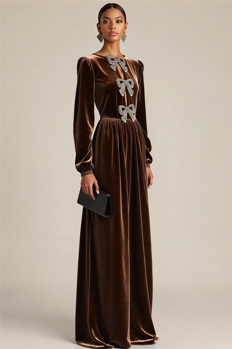 Laden Sie das Bild in den Galerie-Viewer, Schwarz Etuikleid Samt Schlüsselloch-Ausschnitt Langes Festliches Kleid mit Schleife