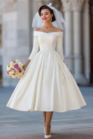 Laden Sie das Bild in den Galerie-Viewer, Elfenbein ohne Schulter Midi Standesamtkleid mit abnehmbarer Schleife