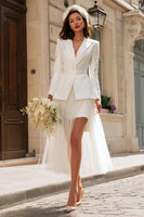 Laden Sie das Bild in den Galerie-Viewer, Leely Women Ivory 2 Piece Blazer Wedding Outfits Peak Lapel Ruched A Line Bridal Outfits with Sleeves