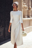 Laden Sie das Bild in den Galerie-Viewer, Leely Women Ivory Satin Midi Registry Wedding Dress with Slit Bateau Neck A Line Ruched Engagement Dress with Sleeves
