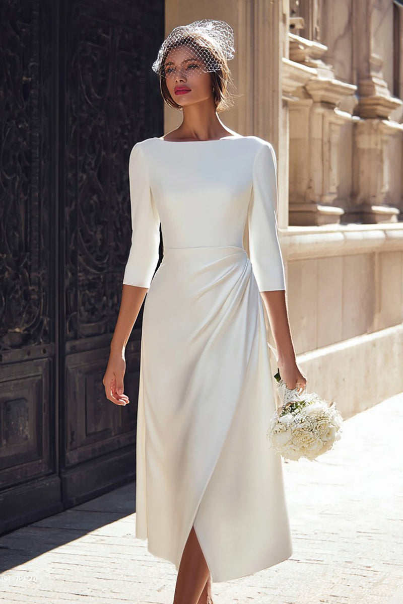 Laden Sie das Bild in den Galerie-Viewer, Leely Women Ivory Satin Midi Registry Wedding Dress with Slit Bateau Neck A Line Ruched Engagement Dress with Sleeves