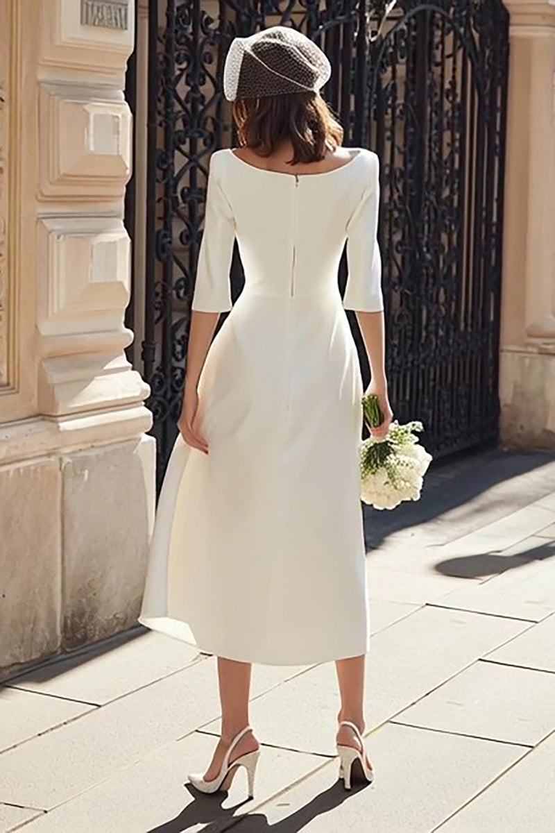 Laden Sie das Bild in den Galerie-Viewer, Elfenbein Satin A-Linien Midi Brautkleid mit Schlitz