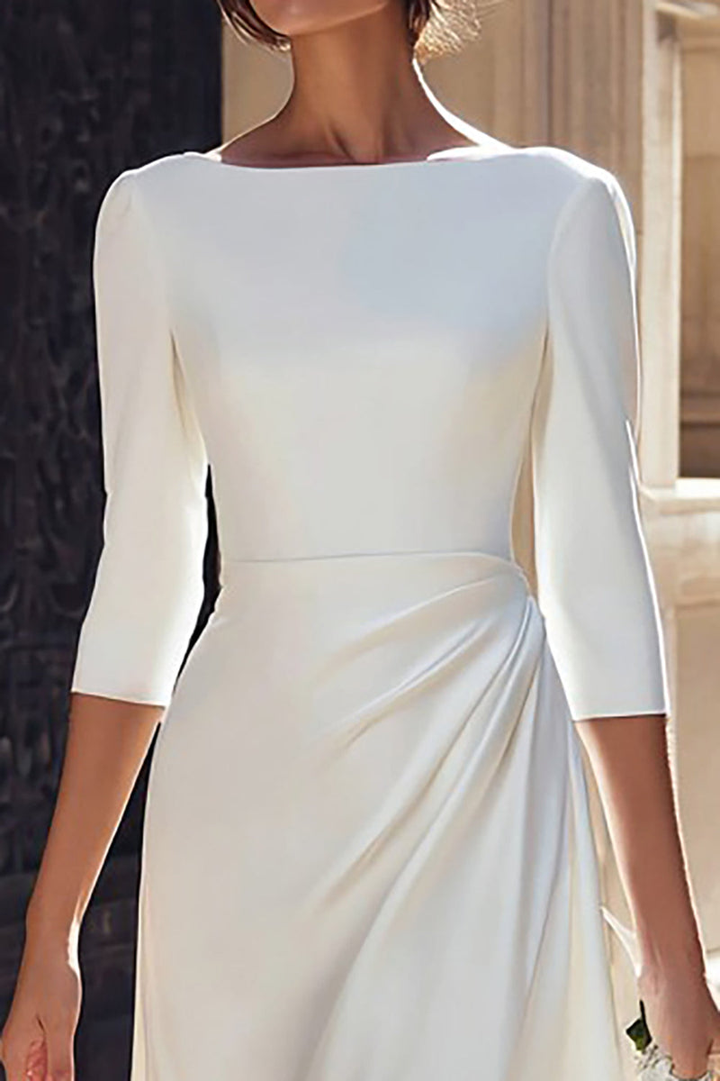 Laden Sie das Bild in den Galerie-Viewer, Elfenbein Satin A-Linien Midi Brautkleid mit Schlitz