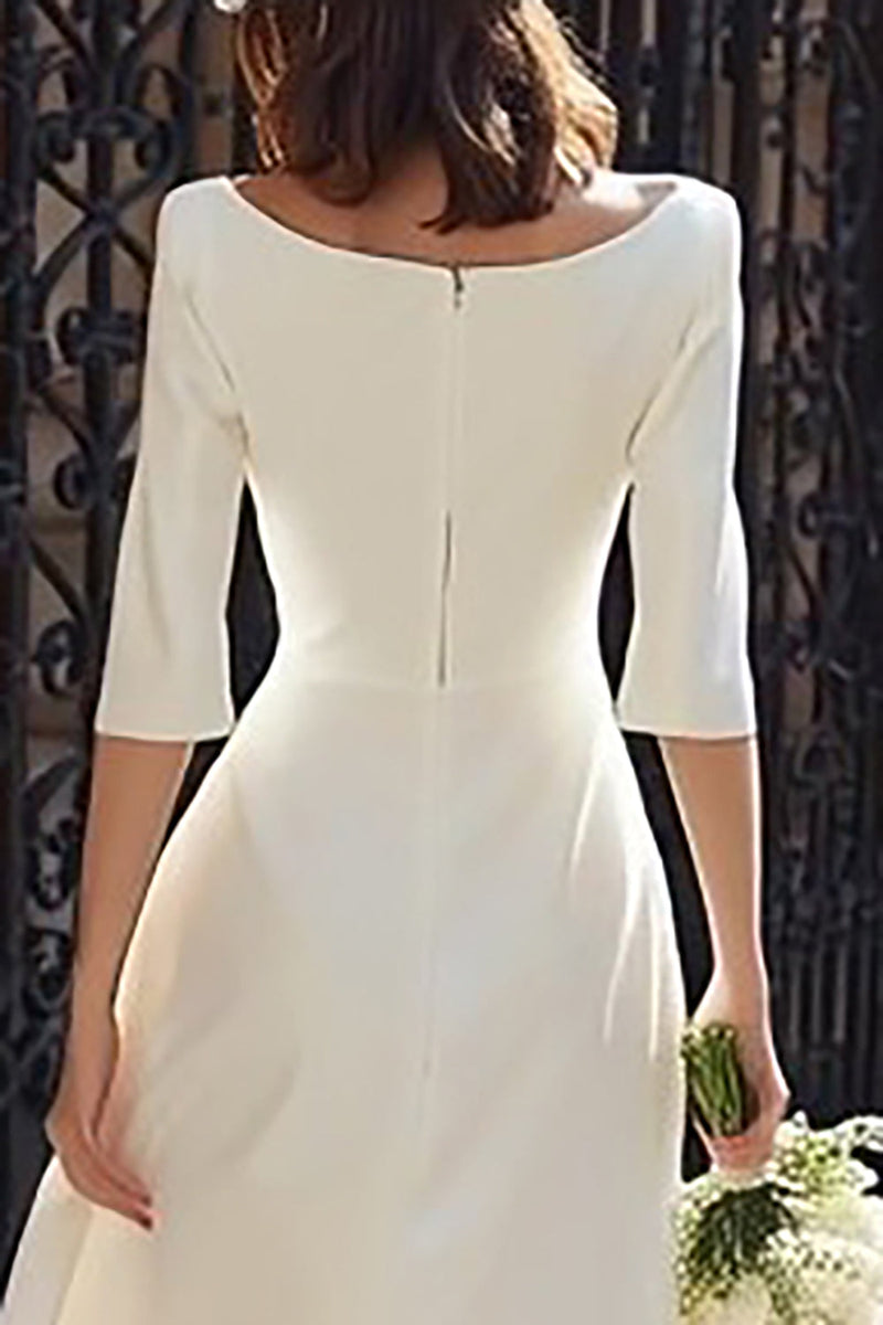 Laden Sie das Bild in den Galerie-Viewer, Elfenbein Satin A-Linien Midi Brautkleid mit Schlitz
