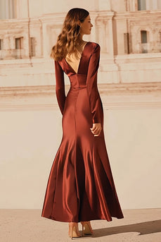 Burgund V-Ausschnitt Meerjungfrau Satin Lange Abendkleid Kleid mit Ärmel