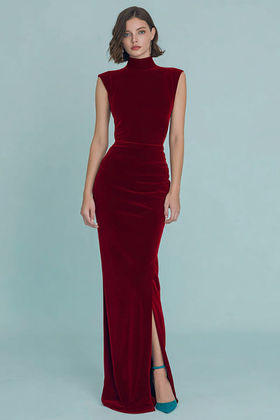 Burgund Geraffte Velvet Lange Abendkleid mit Schlitz
