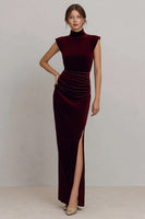 Laden Sie das Bild in den Galerie-Viewer, Burgund Geraffte Velvet Lange Formelle Kleid mit Schlitz