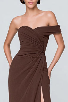 Kaffee Geraffte Asymmetrical Lange Formelle Kleid mit Schlitz