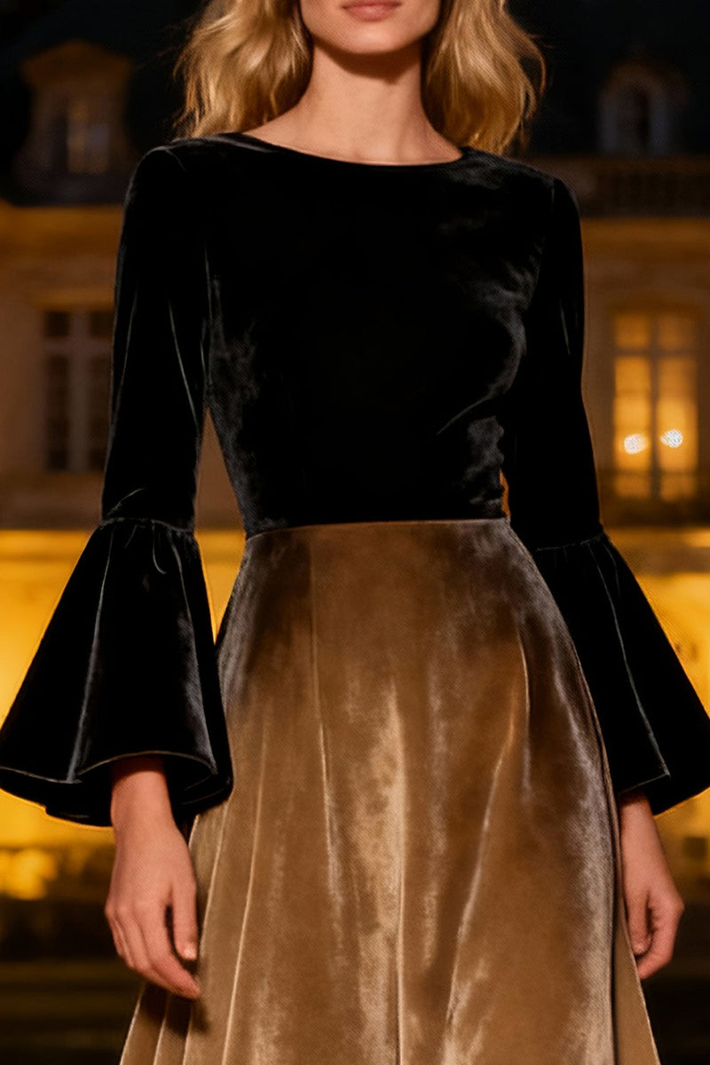 Laden Sie das Bild in den Galerie-Viewer, Schwarz Trompetenärmel A-Linien Langes Samt Festliches Kleid
