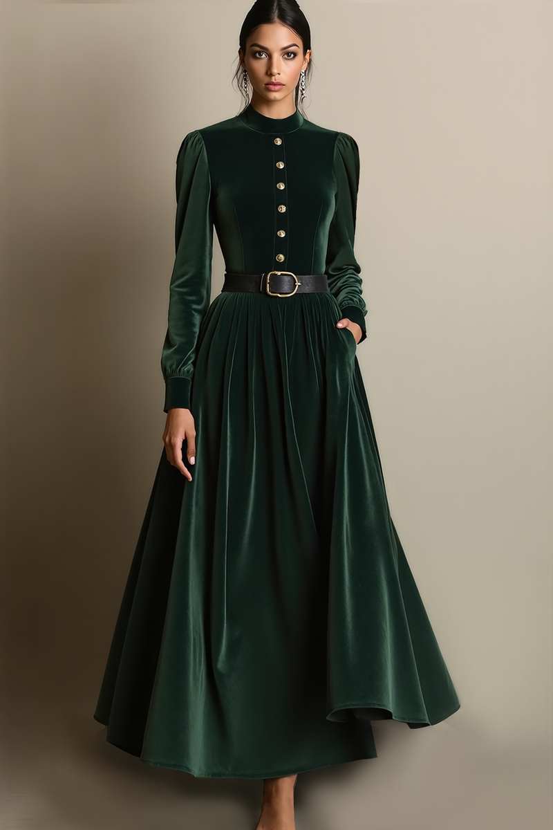 Laden Sie das Bild in den Galerie-Viewer, Leely Women Dark Green A Line Velvet Long Sleeves Holiday Party Dress with Belt High Neck Evening Dress with Pockets