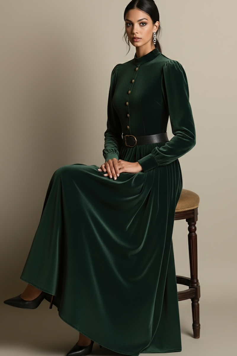 Laden Sie das Bild in den Galerie-Viewer, Dunkelgrün A Linien Samt Langes Festliches Kleid mit Gürtel