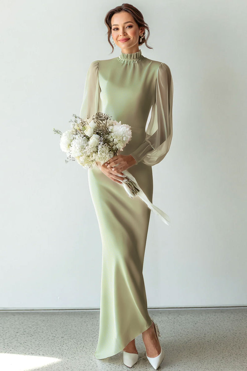Laden Sie das Bild in den Galerie-Viewer, Weiß Chiffon Hochgeschlossener Ausschnitt Langes Brautkleid mit Ärmeln
